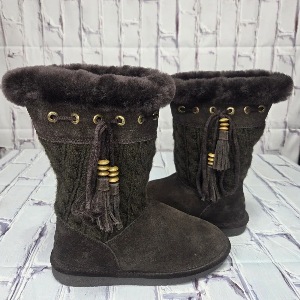 Bearpaw Womens Brown Suede‎ Cable Knit Tassel Faux Fur Winter Boots Size 7 Comfy